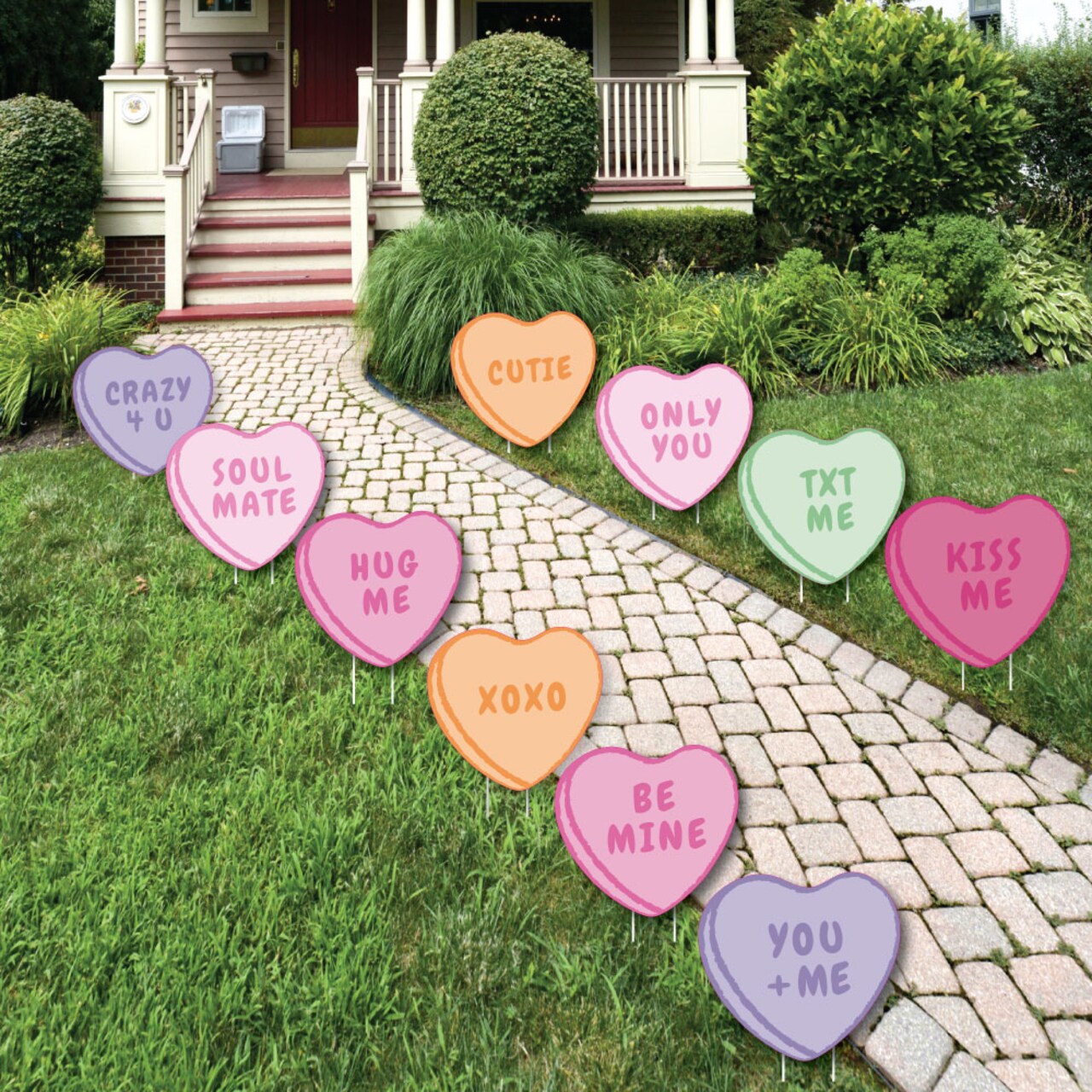Big Dot of Happiness Valentine Hearts Outdoor Decorations, Pastel Candy Heart-Shaped Lawn Ornaments, Galentine's & Valentine's Yard Signs - 10 Piece